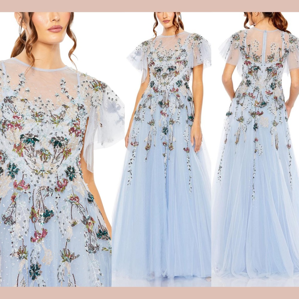NWT Mac Duggal [ 20 ] 20436 Embellished Flutter Sleeve A-Line Gown‎ Periwinkle